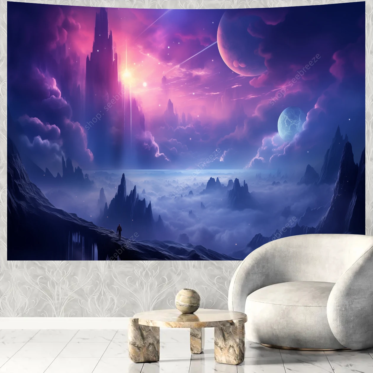 Planets and Aurora in Space Tapestry Psychedelic Cloud Wall Hanging for Aesthetic Room Decor Curtain Cloth Beach Towel Yoga Mat