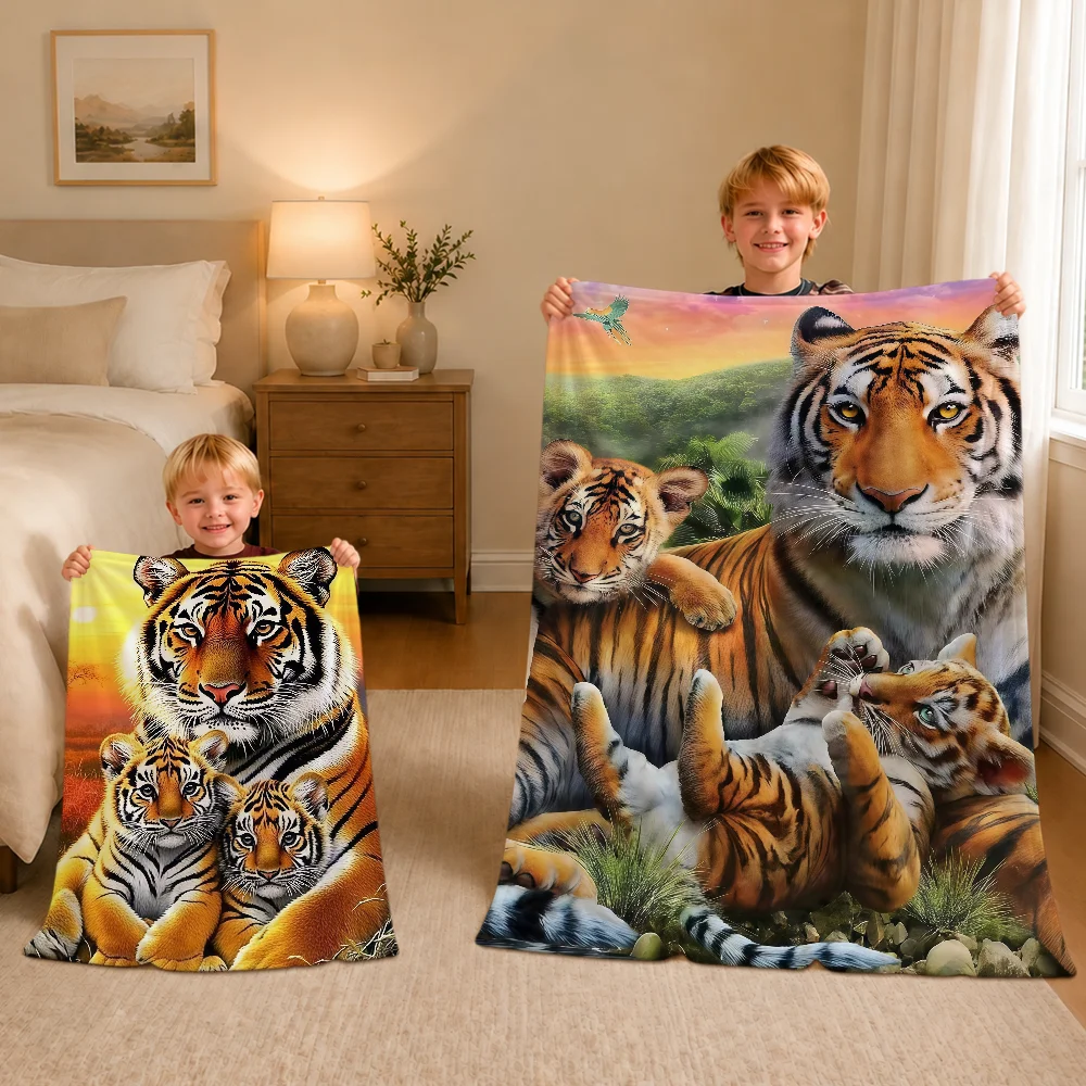 Tiger Family Sunset Jungle Blanket Warm Soft Plush Blanket For Sofa Living Room Nap Home Bedroom Travel Gift Flannel Pet Hogar