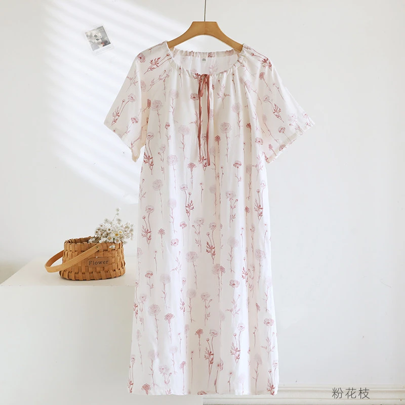 1-Piece Women‘s Nightgown, Casual Pullover Sleep Dress, Cotton Gauze with Built-in Bra, Short Sleeve & Midi Length Relaxed Fit,