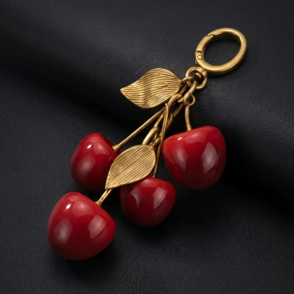 Retro Cherry Resin Bag Charm Keychain Aesthetic Red Fruit Pendant With Gold Leaf For Girls Fashion Handbag Decoration 2027