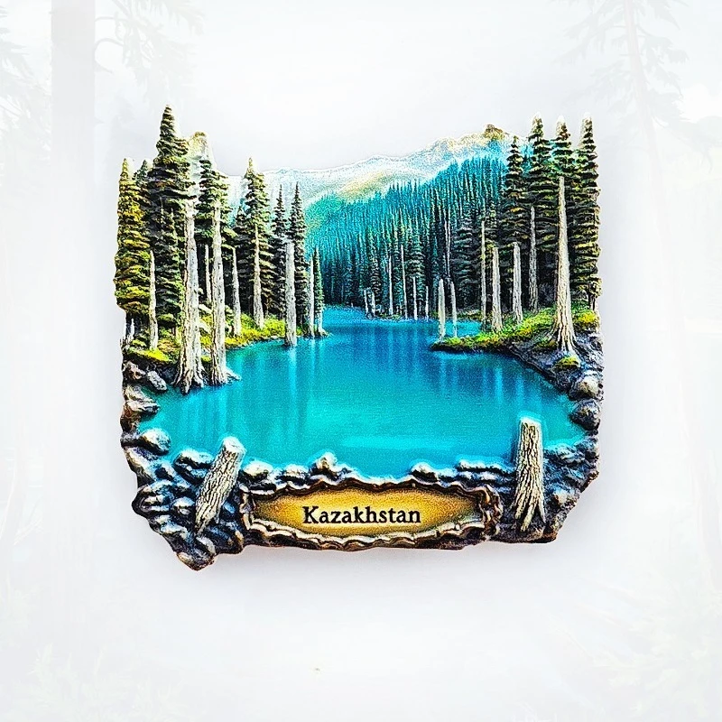 Imán para nevera del lago Kaindy del Kazajstán, recuerdo del bosque hundido en 3D, decoración del lago alpino, regalo único de Asia Central