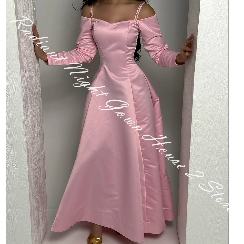 Customized Satin A-Line Off the Shoulder Sequined Evening Dress Strapless Floor Length Zipper Back Long Sleeves Panel Train