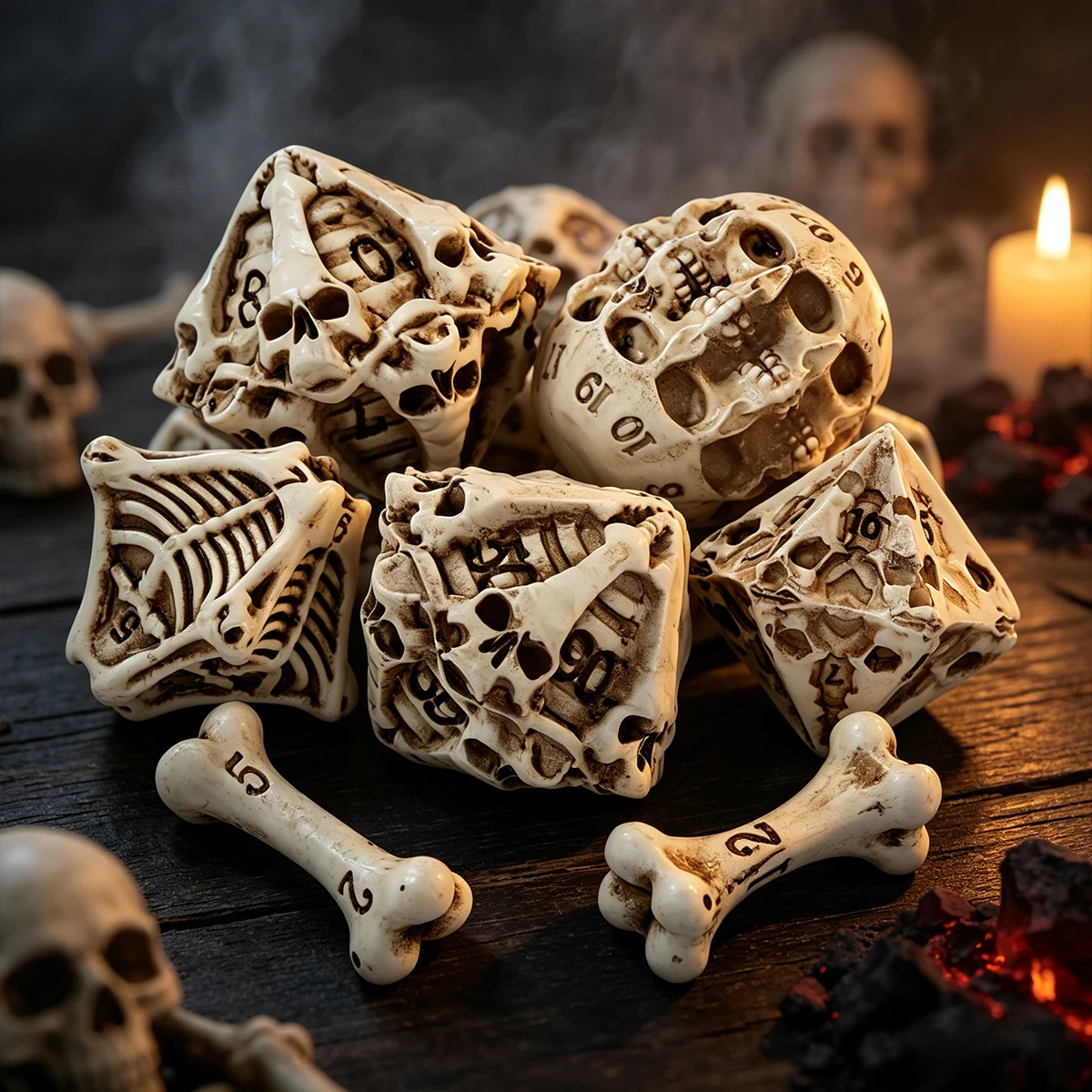 7-teiliges Set aus geschnitzten polyedrischen Würfeln im Knochen-Schädel-Design, Retro-Hohlskelett-Würfelsets für Tabletop-RPG-Party-Brettspiele – Detail 9