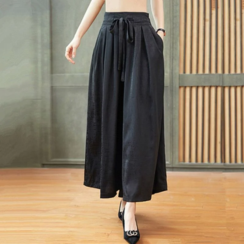 2025 Summer Casual Korean Version Skirt Pants New Wide-leg Women's Elastic Waist Mother Nine-point Thin Pants