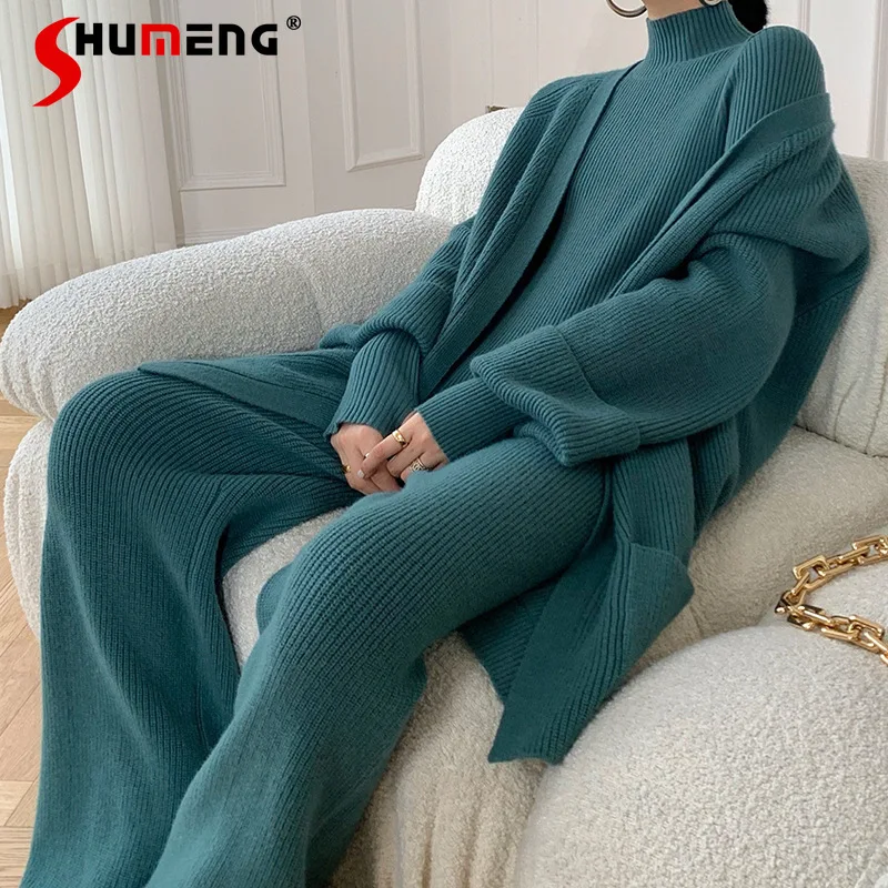

2023 Women's Autumn Winter Thickened Long-Sleeved Knitted Sweater Coat Wide-Leg Pants Cardigan Ladies Fashion Three-Piece Set