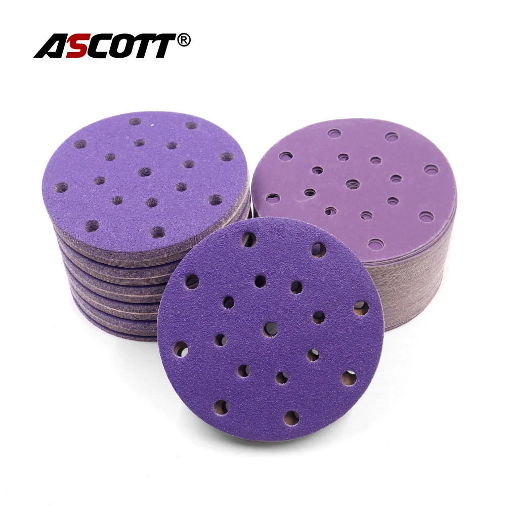 100pcs 6inch 17 holes purple Sand Paper Tray 150mm Polishing Pad Flocking Sand paper Car Furniture Polishing Wheel