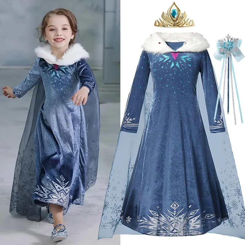 2025 Elsa Blue Snowflake Princess Dress Winter Long Sleeve Fur Collar Snow Queen Costume Girls Carnival Christmas Party Clothes