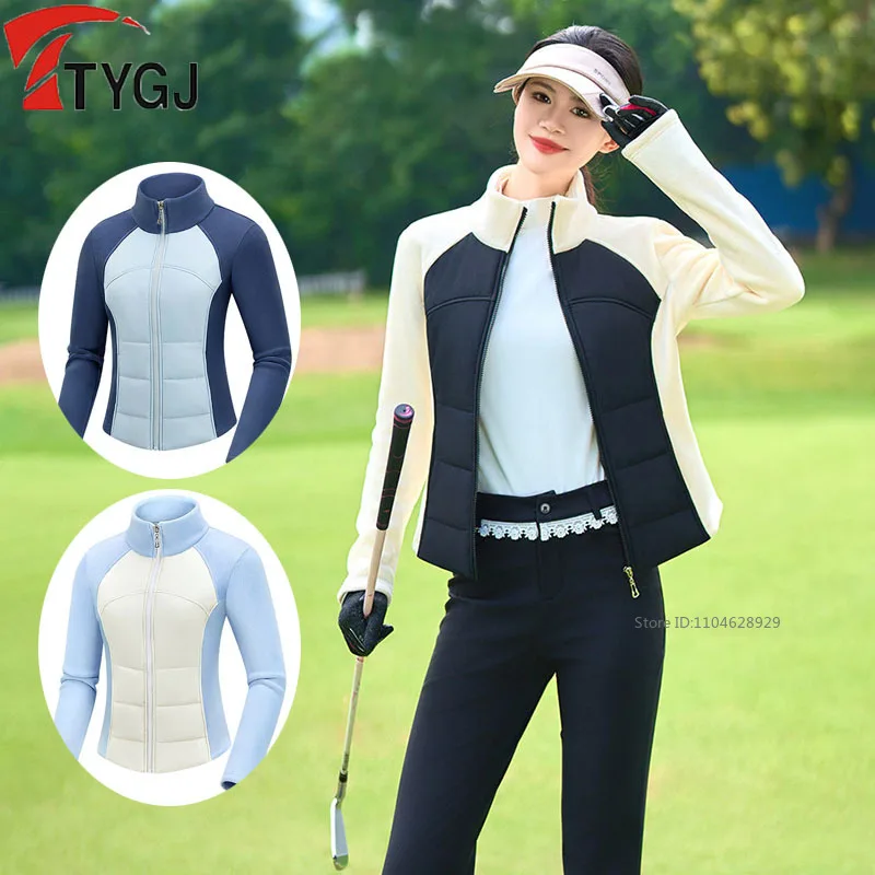 TTYGJ Winter Golf Thicken Jacket Women Warm Fleece Waterproof Coat Ladies Long Sleeve Stand Collar Outerwear Windproof Golf Tops