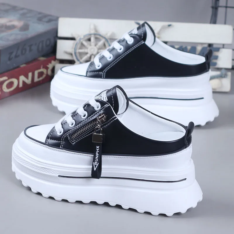 Women's Semi-Slipper Spring Summer Leather Surface Flat Shoes Thick Heel Heightening 10CM No Back Lazy Shoes Easy to Wear