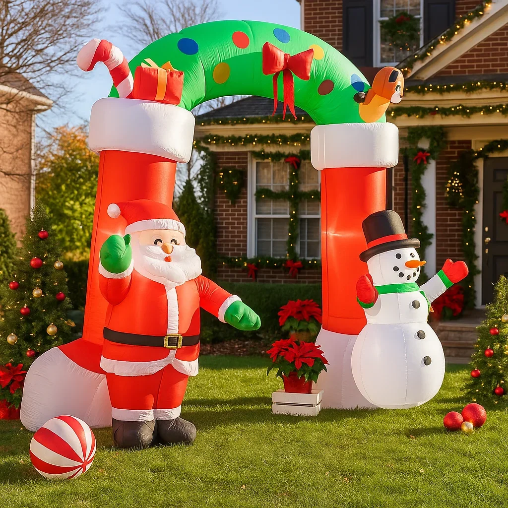 2.7M/8.8FT Świąteczne Dekoracje Nadmuchiwane Figurki Świętego Mikołaja i Bałwana, Łuk Ozdobny do Domu i Ogrodu, Dekoracje LED, Zabawka na Imprezę Świąteczną