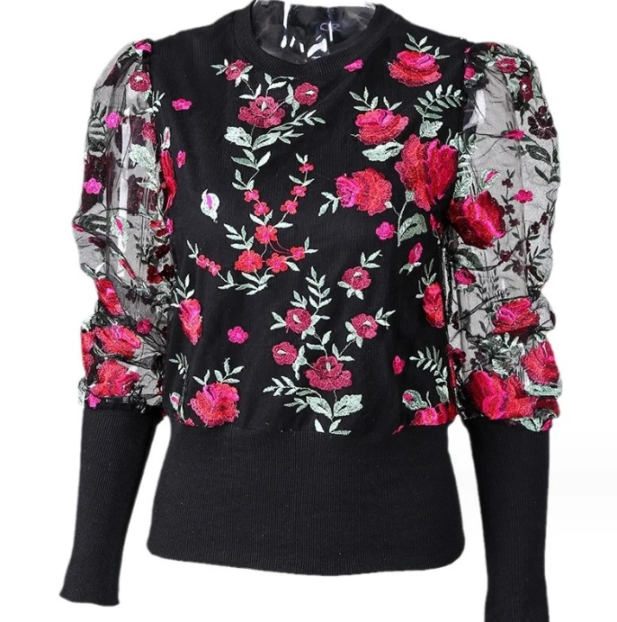 Women's T-Shirt Lace Spliced Knitted Top 2024 Temple Commuting Style U-Shaped Collar Flower Decoration Long Sleeved Blouses