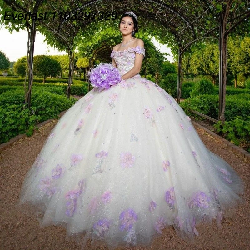 فستان Quinceanera العاجي للفتيات ، مزين بالزهور ثلاثية الأبعاد ، فستان مطرز بالخرز ، أرجواني ، حفلة عيد ميلاد ، 15 و 15 عامًا ، TQD665