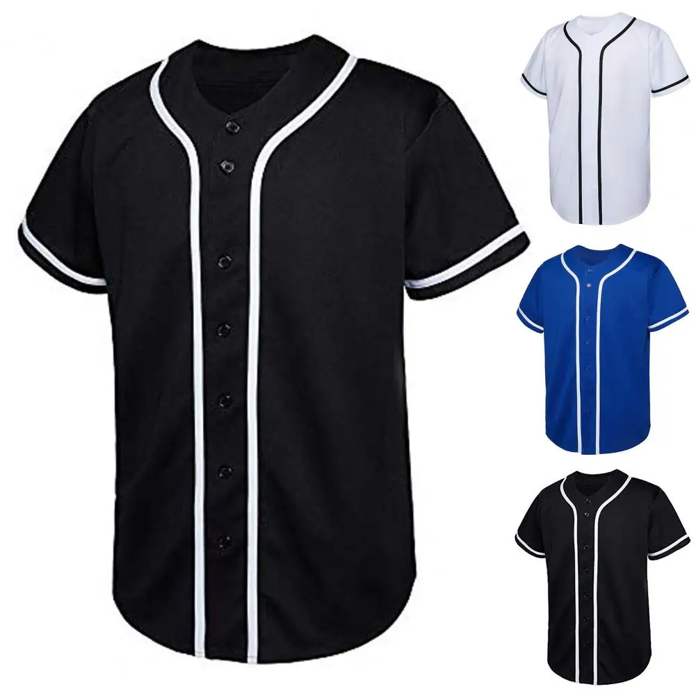 Men Summer T-shirt Pullover Short Sleeves Color Matching Men Top Buttons Single-breasted Loose Mid Length Men Baseball Uniform