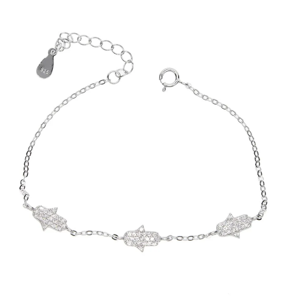 100% 925 Sterling Silver Fatima Hand Hamsa paved AAA cubic zirconia tiny delicate adjustable Bracelets for Women Simple Jewelry
