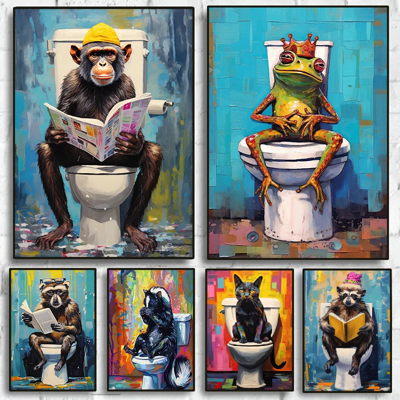 1pc frameless Colourful Funny Animals Reading Book Sitting on The Toilet Poster Frog Monkey Cat Canvas Painting Wall Art Bath
