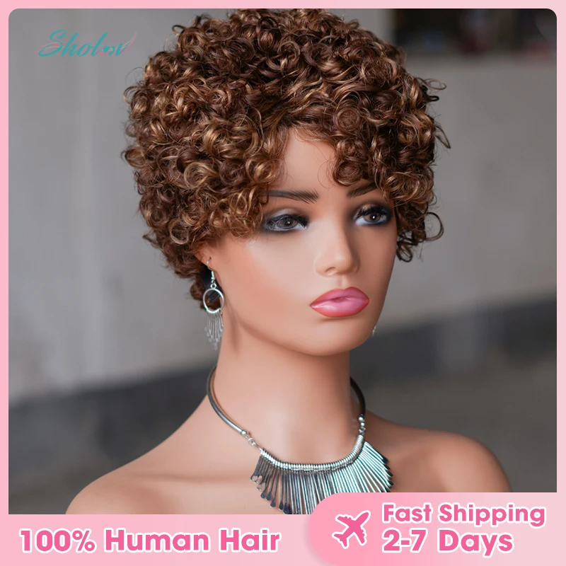 6inch Short Curly Wigs None Lace Front Human Hair Wigs with Bangs 180% Density Machine Made Pixie Cut Curly Wave Wigs P4/27