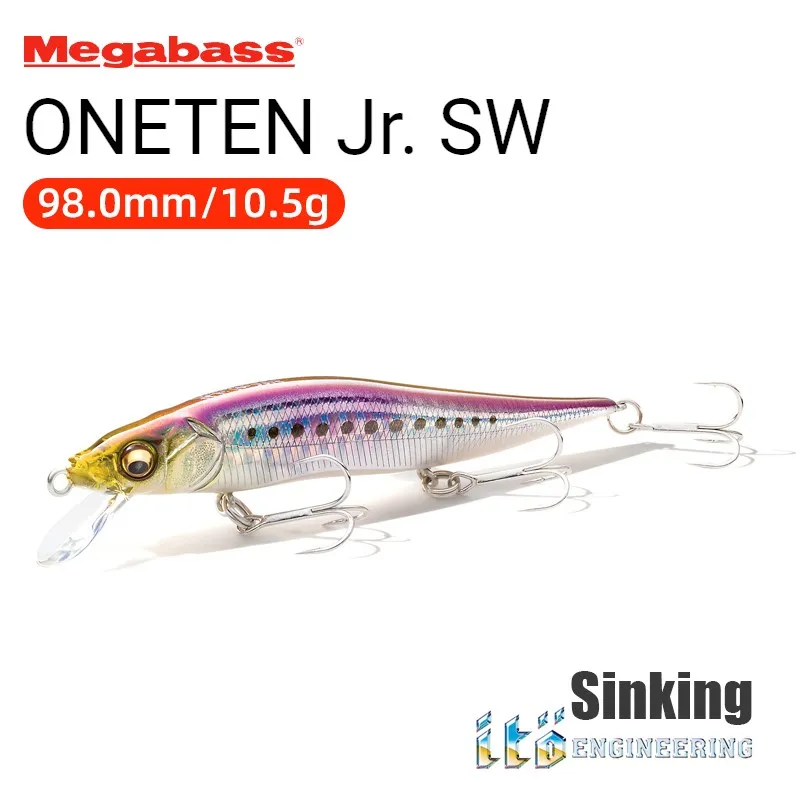 Megabass ONETEN Jr. SW Fishing Lures Salt Minnow 98mm 10.5G Long Distance Minnow Sea Bass Lure Bait Sinking Bait #8 3pcs Hooks