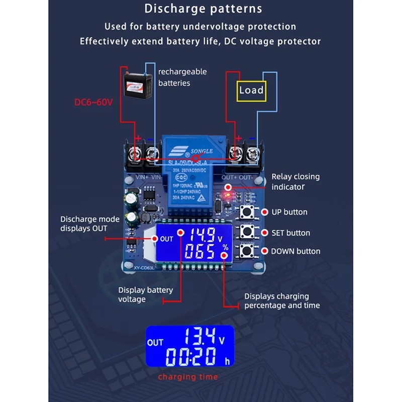 DC6-60V 30A Módulo de controle de carregamento de bateria de armazenamento Placa de proteção Carregador Interruptor de tempo Display LCD XY-CD63L