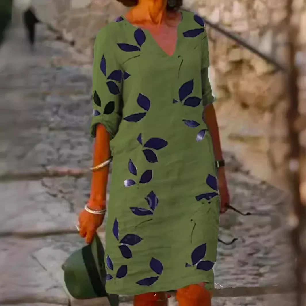 Ele Cotone Lino Stampa ampia sopra la testa Vintage Midi Dr Gonna a trapezio lavorata a maglia da donna Or Sve Abbigliamento autunnale