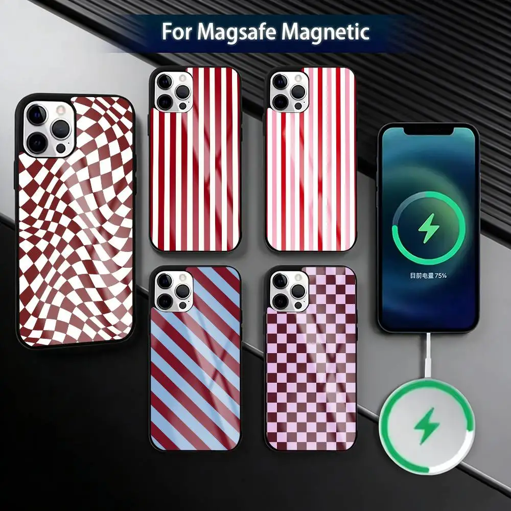 

Burgundy W-White Stripe pattern Phone Case For iPhone17,16,15,14,13,12,11 Plus,Pro Magnetic For Magsafe Wireless Charging