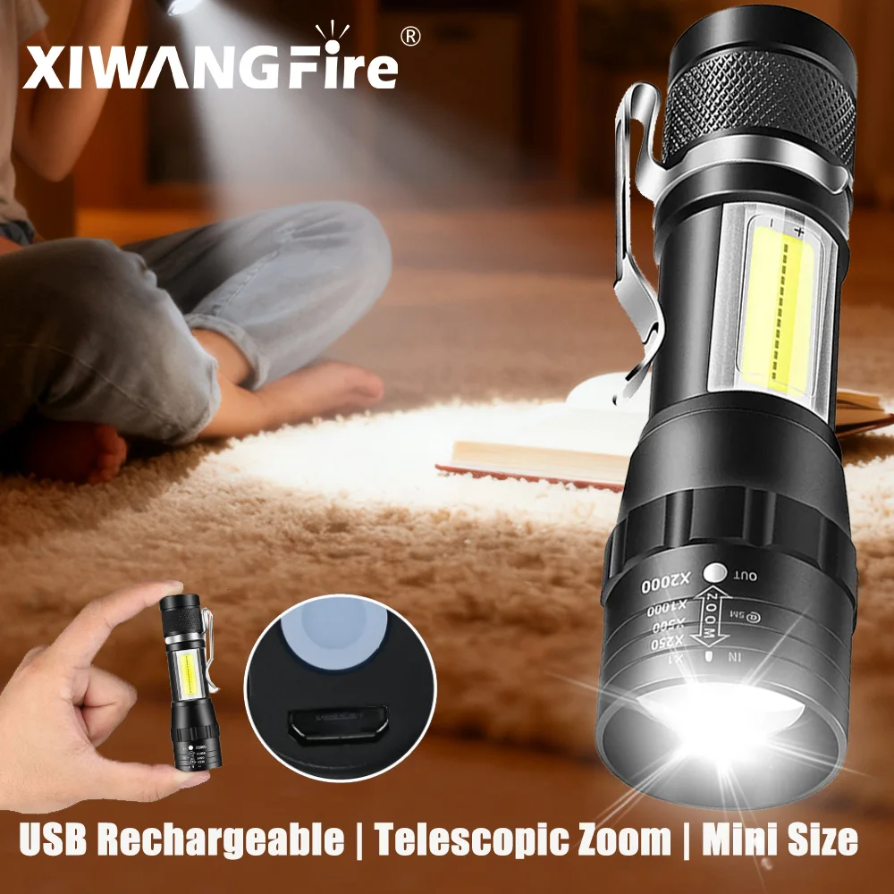 COB LED مصباح يدوي صغير قابل لإعادة الشحن يده التكبير ضوء القراءة الشعلة مصباح مقاوم للماء أضواء التخييم في حالات الطوارئ كتاب ضوء هدية