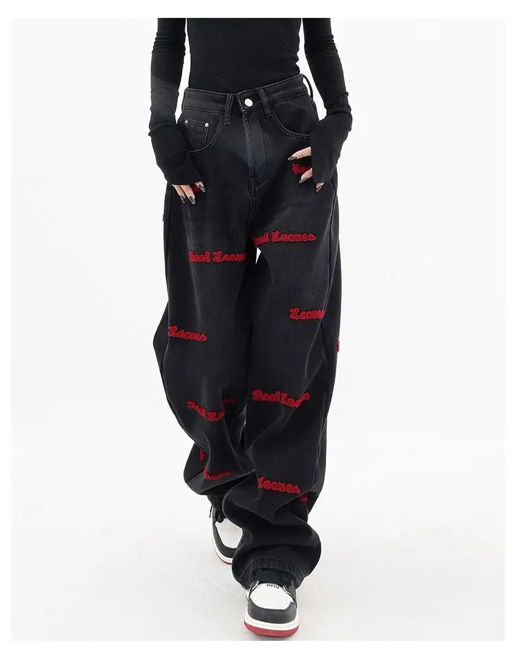 

Spring and autumn plus size women embroidered straight jeans loose slim high waist floor mopping wide leg pants baggy jeans