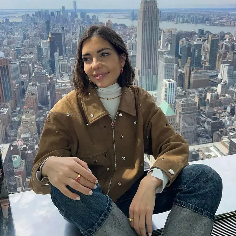 Luxury Jacket Studs Vintage Bomber Jacket Women's Cropped Top Long Sleeve Zipper Coat Design Outerwear Varsity Jacket Lapel New