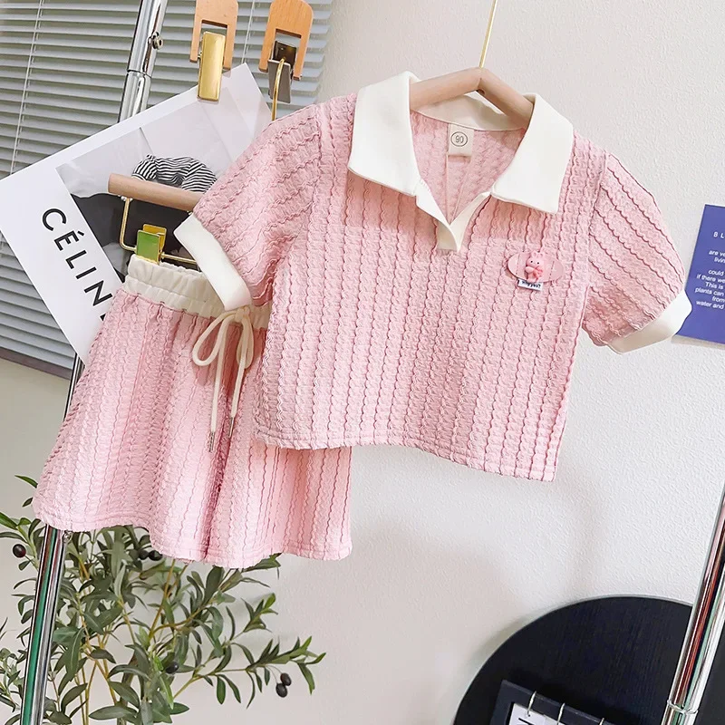

Summer Girls Clothing Sets Lapel Shirt Tops+Shorts Baby Girl Outfit Set Toddler Girl Clothes 2Pcs Children Clothes Suits 2-7Yrs