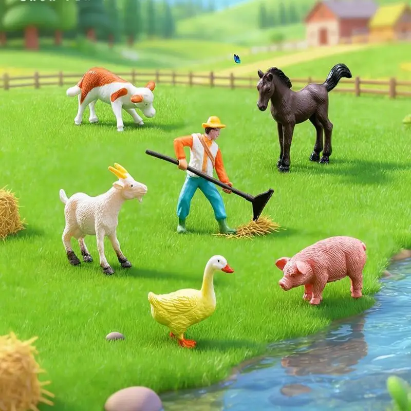 【S】5Pcs/Set Realistic Farm Animal Playset with Farmer Figurine Educational Toy including Pig Cow Horse Goat for Kids