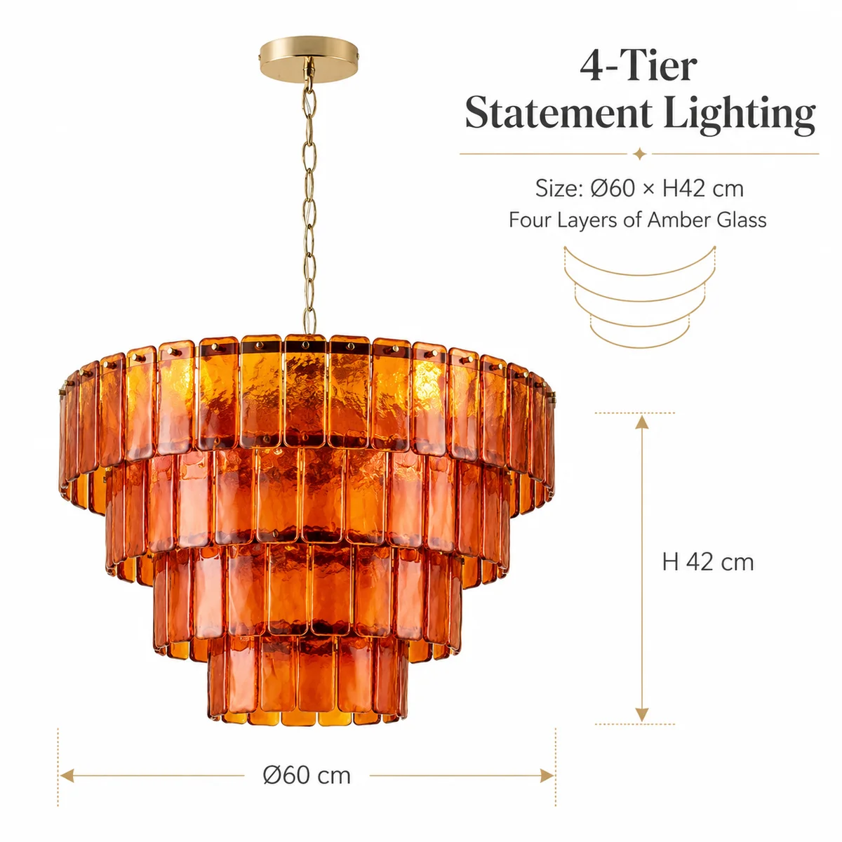 Mid Century 2026 Designer Ceiling Pendant Cognac Glass Panels 3-Tier Cascade 3-Color Dimmable Warm Amber Gold for Luxury Salon