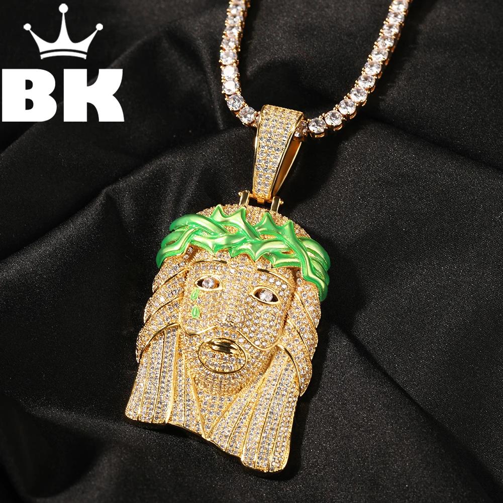 

Hip Hop Full Iced Out Tearful Jesus Face Pendant Necklace For Men Women Green Luminous Grass Band Copper Zircon Christian Gift