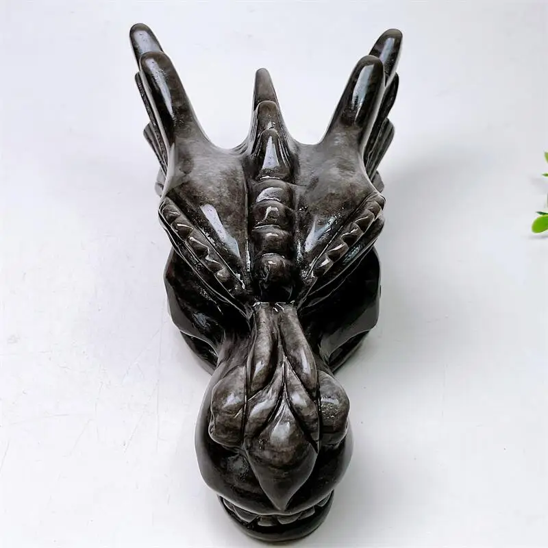 18CM Natural Silver Obsidian Dragon Skull Carving Polished Quartz Healing Gemstone for Home DIY Decoration 1 Piece