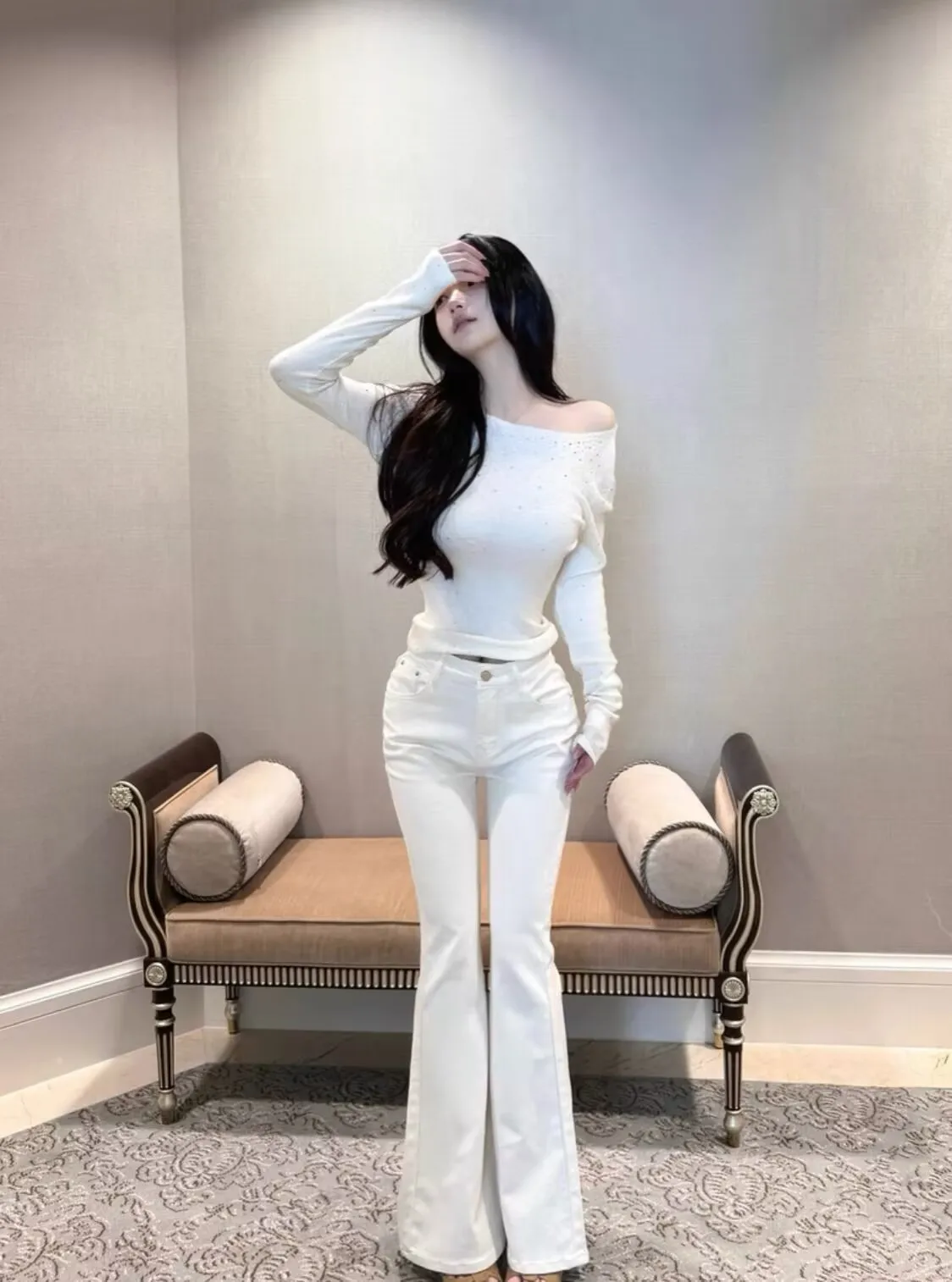 

High Waist Cotton Stretch Denim Pants Women's Autumn Winter Slim Fit Long Leg Lengthening Micro Flared Jeans Versatile Bootcut