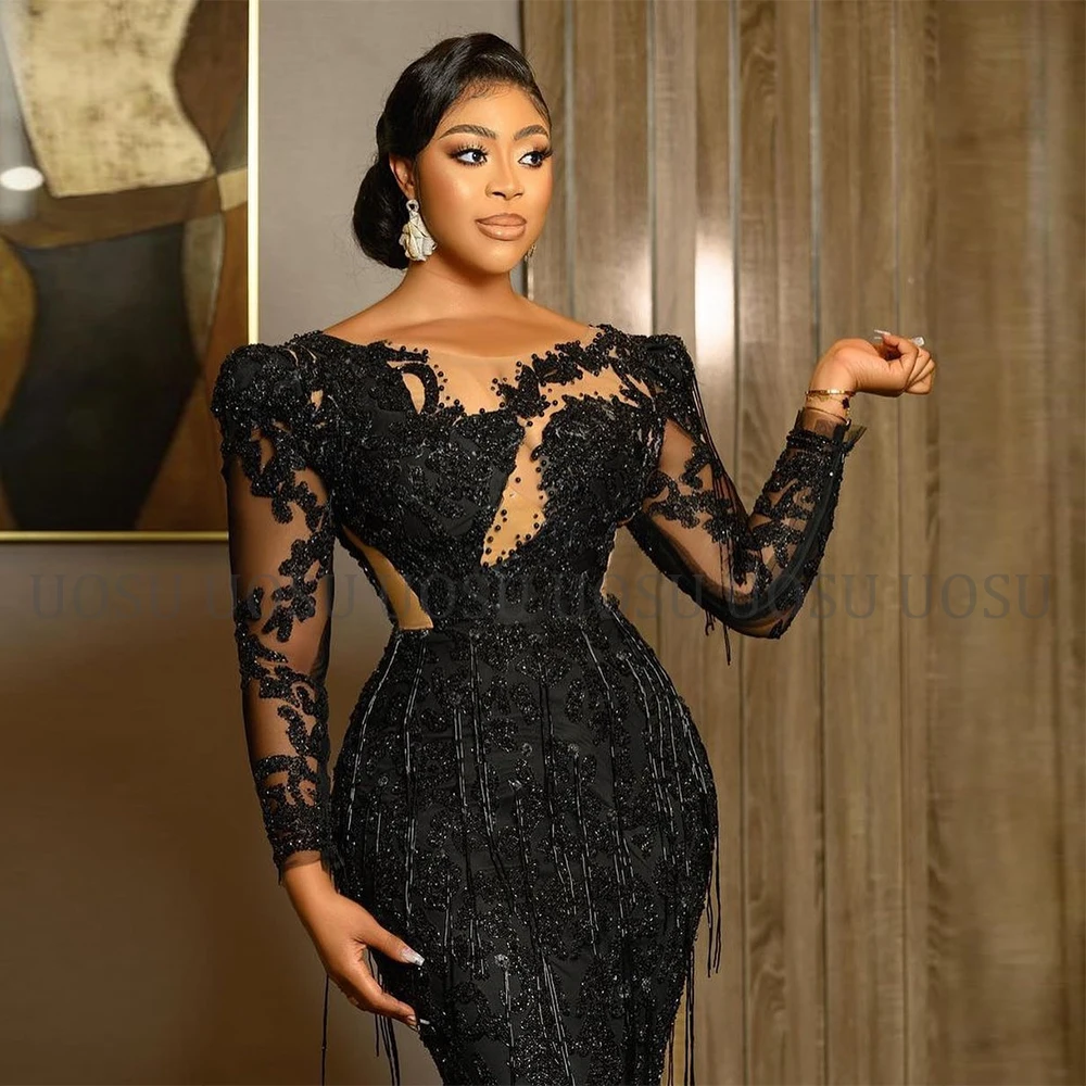 Robe de Soirée Luxueuse de Forme Sirène en Dentelle Noire, Tenue de Bal avec Perles et Pompons, Col Transparent, Réception de ixFormelle, Quelle que soit la Robe de Mariée