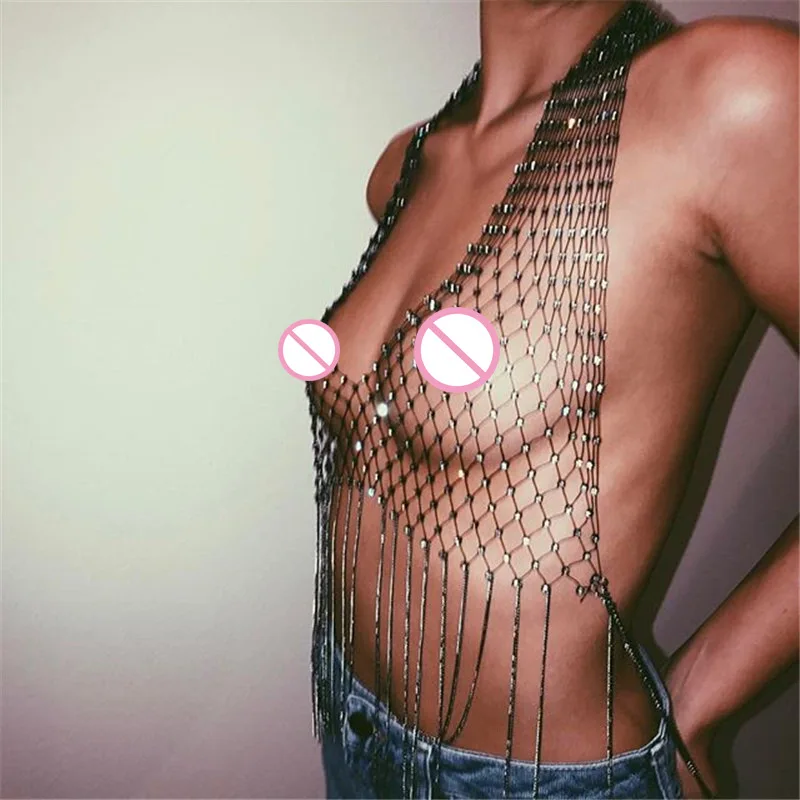 Mesh Flash DiamonD Hollowed Out Fishing Net Vest Sexy Tassel Chain Strap Female