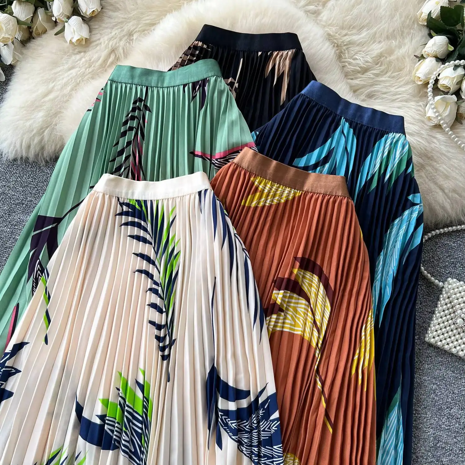 New In 2026 Women Summer Floral Pleated Skirts Female Elegant High Waist Casual A-line Skirt