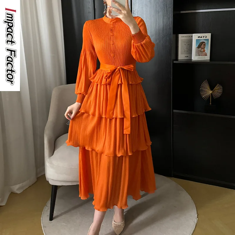 Pleats Original Pleated 2024 Summer New Niche Design Pleated Wooden Ear Ruffled Loose Thin Dress Long Section Women Clothing