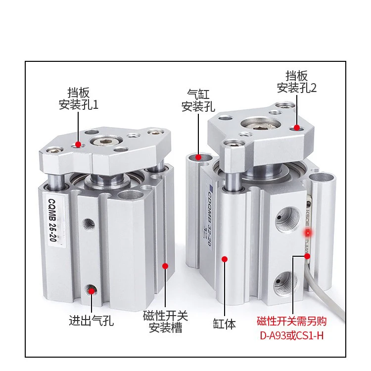 CDQMB CQMB12 CQMB16 Compact Guide Rod Air Pneumatic CQM Cylinder CQMB20 CQMB25 CQMB32 CQMB40 50 63 80 100 Stroke 5 to 100mm