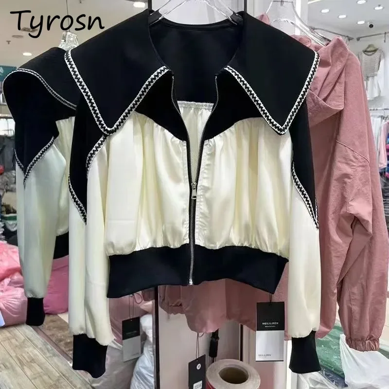 

Panelled Autumn Jackets Women Zip-up Coat Fashion Tender Korean Style Sailor Collar Girlish Loose Students All-match Streetwear