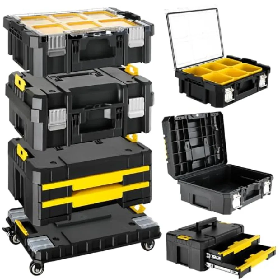 3-Tier Stackable Rolling Tool Box with Wheels and Drawers for garage use, steel construction, black finish, heavy-duty smooth-g