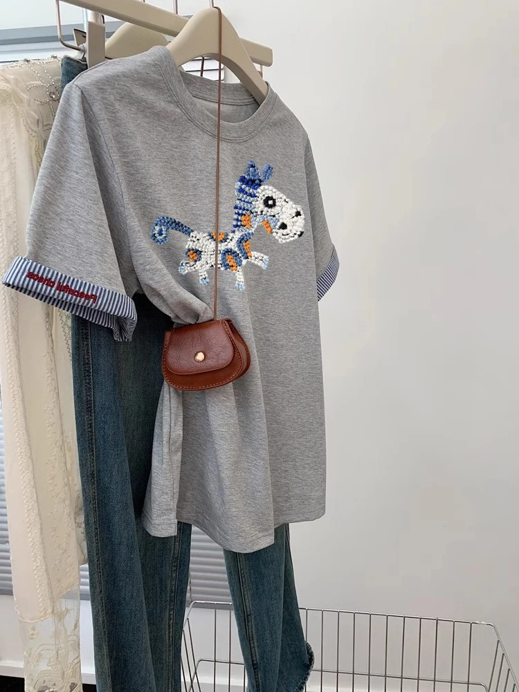 

Casual Sle Spliced ey oulder ort Sve round Ne T-irt Women's Summer Unique Design Beautiful And Trendy Top