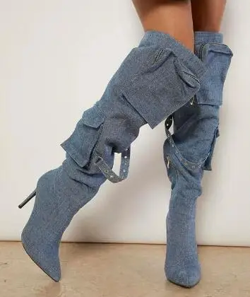 

New Women Blue Denim Jeans Pointed Toe Pocket Design Long Strap Thin Heels Over The Knee Boots Street Style Long Boots Shoes