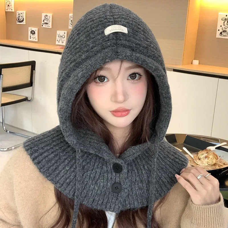 

Autumn Winter Solid Color Knitted Beanies for Women Skiing Travel Scarf Shawl Integrated Warm Ear Protection Pullover Cap
