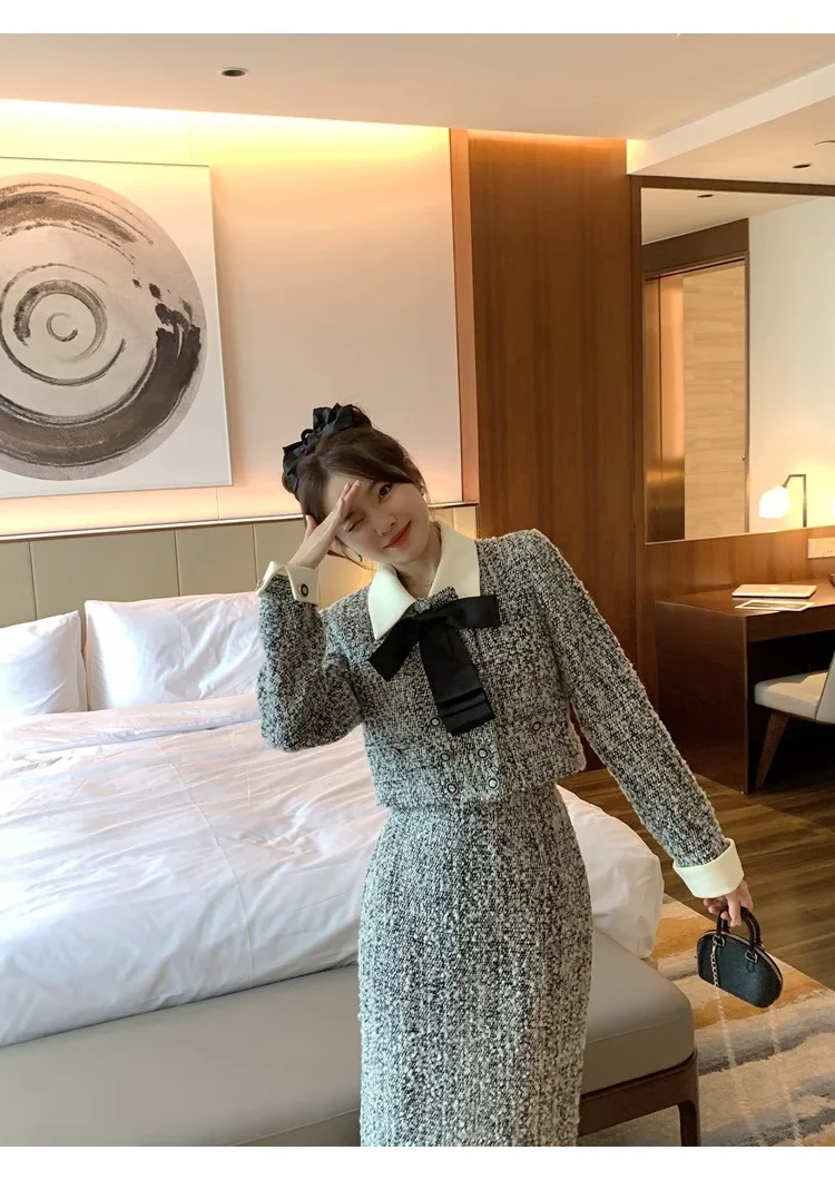 الخريف الفرنسية الراقية أنيقة الاجتماعية القوس تويد معطف قصير عالية الخصر التخسيس تنورة طويلة مجموعة قطعتين مجموعة ملابس النساء