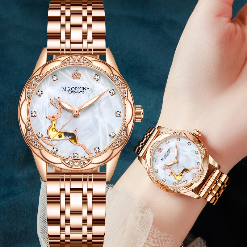 Automatic Mechanical Women Watch Skeleton Luxury Diamond Mother-of-Pearl Dial with Fairy Tale Accent Stainless Steel Wristwatch