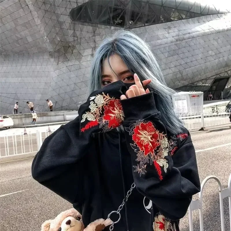 Harajuku Oversized Hoodies Women Chinese Style Printed Autumn Winter Velvet Couple Pullover Sweatshirt 2022 Spring Streetwear