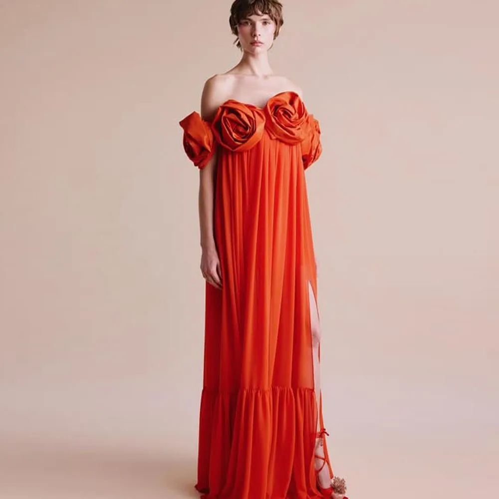 

Hot Orange Floral Long Strapless Women Dresses A-line Long Split Chiffon Robe Modest Women Party Dress
