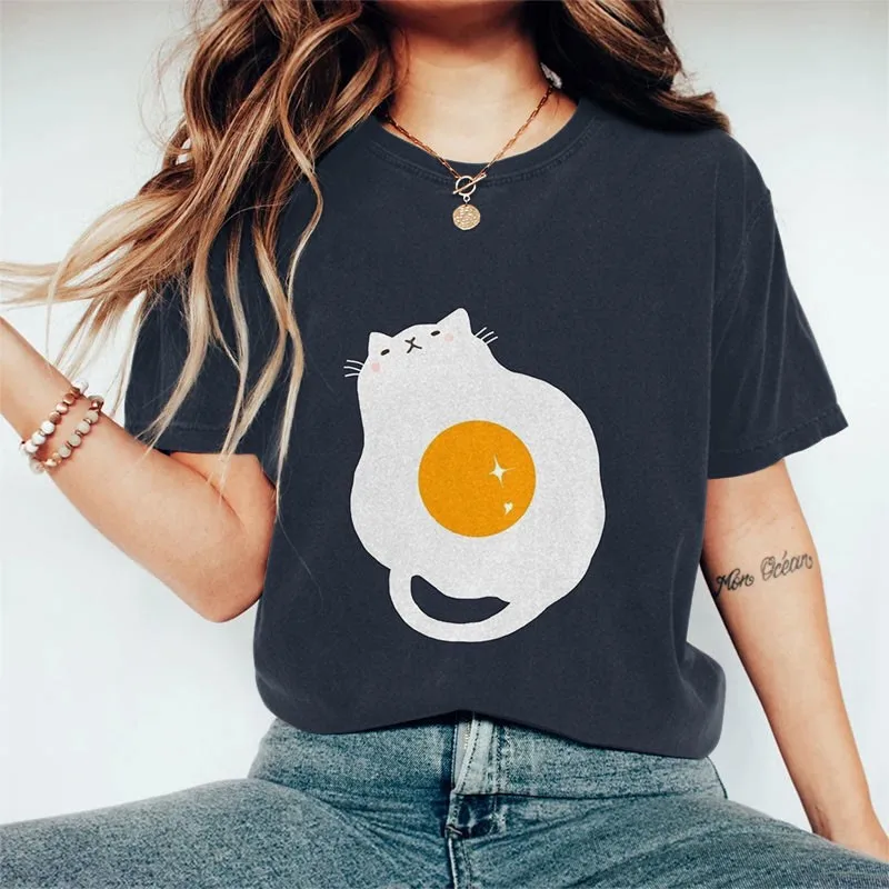 Funny Egg Little Cute Cat Pattern Summer Casual Shirt Loose O-Neck Short Sleeve Printed Breathable Shirt