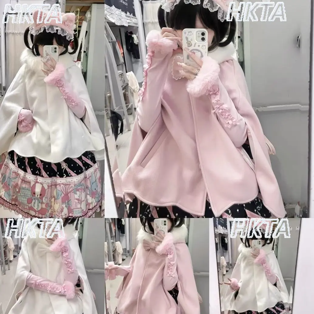 Natale giapponese dolce principessa Lolita giacca con cappuccio ragazze inverno collo di pelliccia splicing petali pendula mantello di lana cappotti donna