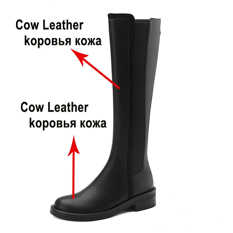 Meotina Women Genuine Leather Knee High Riding Boots Round Toe Flat Zipper Ladies Fashion Long Boot Autumn Winter Shoes Brown 40